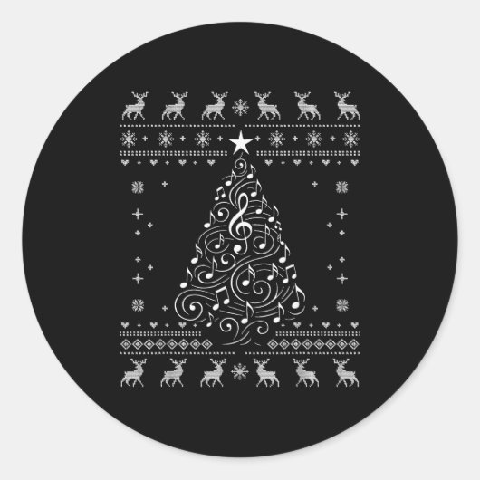 Musical Notes Tree Christmas Ugly Sweater Xmas Ronde Sticker (Voorkant)