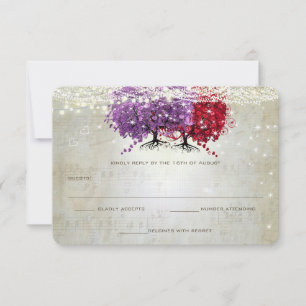 Musical Paars Red Heart Leaf Tree Weddenschap RSVP Kaartje