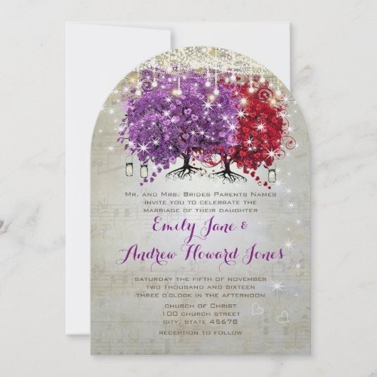 Musical Paars Red Heart Leaf Tree Wedding Kaart (Voorkant)