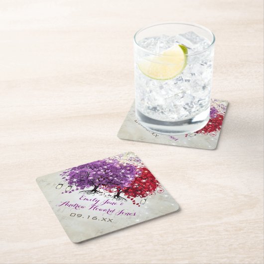 Musical Paars Red Heart Leaf Tree Wedding Kartonnen Onderzetters (Insitu)