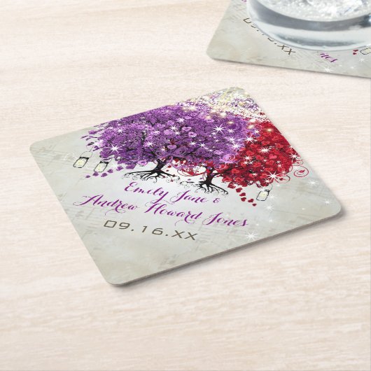 Musical Paars Red Heart Leaf Tree Wedding Kartonnen Onderzetters (Schuin)