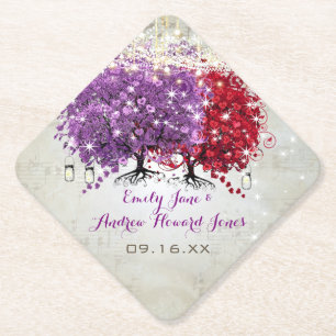 Musical Paars Red Heart Leaf Tree Wedding Kartonnen Onderzetters