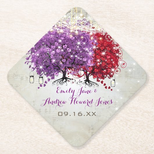 Musical Paars Red Heart Leaf Tree Wedding Kartonnen Onderzetters (Voorkant)