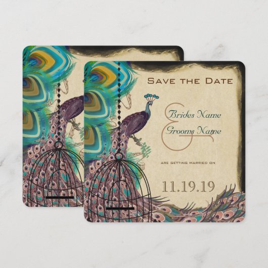 Musical Peacock Bird Cage Eggplant Save the Date (Voorkant / Achterkant)