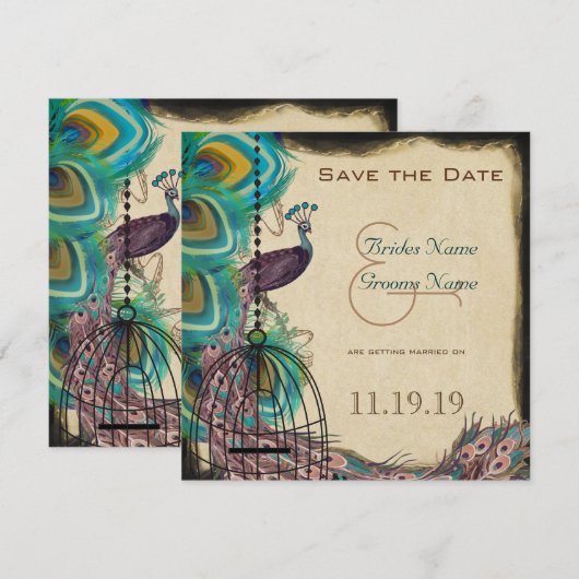 Musical Peacock Bird Cage Eggplant Save the Date (Voorkant / Achterkant)