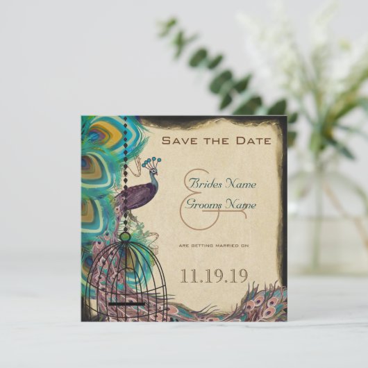 Musical Peacock Bird Cage Eggplant Save the Date (Staand voorkant)
