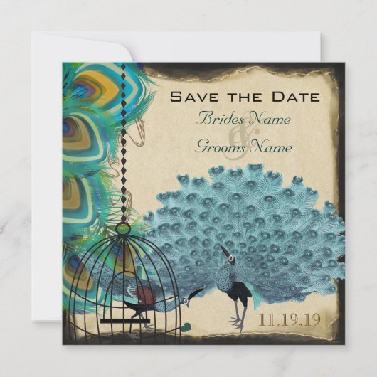 Musical Peacock Bird Cage Eggplant Save the Date (Voorkant)