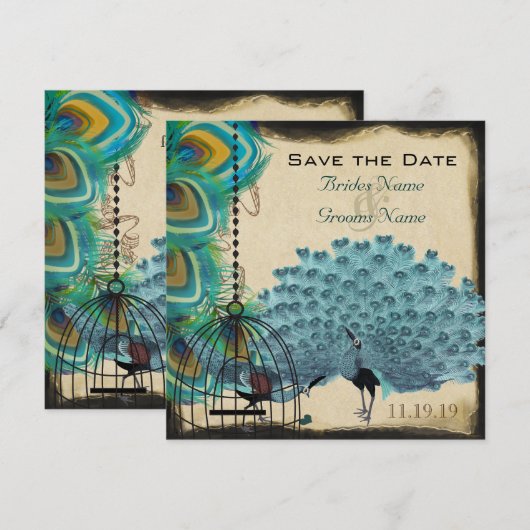 Musical Peacock Bird Cage Eggplant Save the Date (Voorkant / Achterkant)