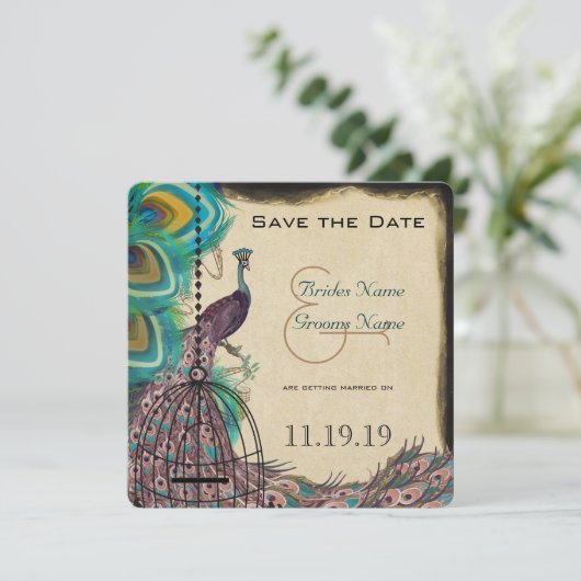 Musical Peacock Bird Cage Eggplant Save the Date (Staand voorkant)