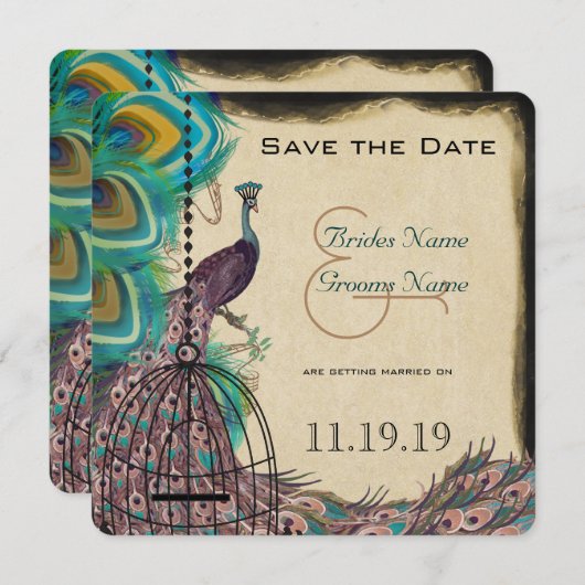 Musical Peacock Bird Cage Eggplant Save the Date (Voorkant / Achterkant)
