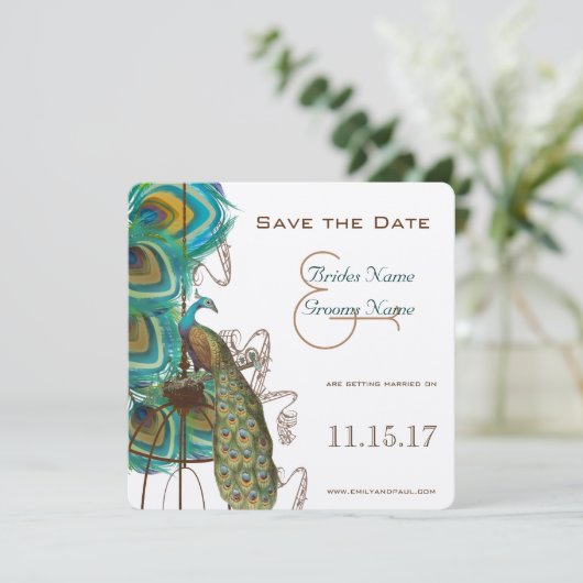 Musical Peacock Bird Cage Feather Save the Date (Staand voorkant)