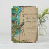 Musical Peacock Bird Cage Feather Wedding Invites Kaart (Staand voorkant)