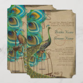 Musical Peacock Bird Cage Feather Wedding Invites Kaart (Voorkant / Achterkant)