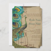 Musical Peacock Bird Cage Feather Wedding Invites Kaart (Voorkant)