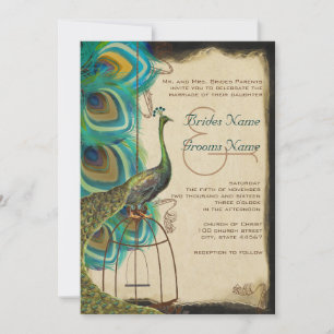 Musical Peacock Bird Cage Feather Wedding Invites Kaart