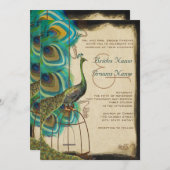 Musical Peacock Bird Cage Feather Wedding Invites Kaart (Voorkant / Achterkant)