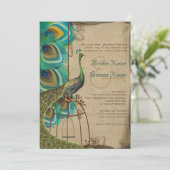 Musical Peacock Bird Cage Feather Wedding Kaart (Staand voorkant)