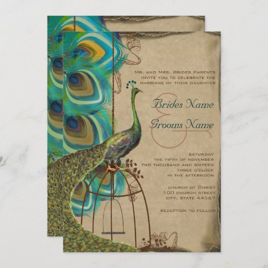 Musical Peacock Bird Cage Feather Wedding Kaart (Voorkant / Achterkant)