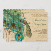 Musical Peacock Bird Cage Feather Wedidng Invitate Kaart (Voorkant / Achterkant)