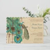 Musical Peacock Bird Cage Feather Wedidng Invitate Kaart (Staand voorkant)