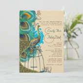 Musical Peacock Bird Cage Feather Wedidng Invites Kaart (Staand voorkant)