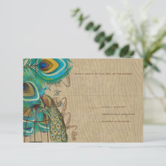 Musical Peacock Bird Cage Feather Wedidng RSVP (Staand voorkant)