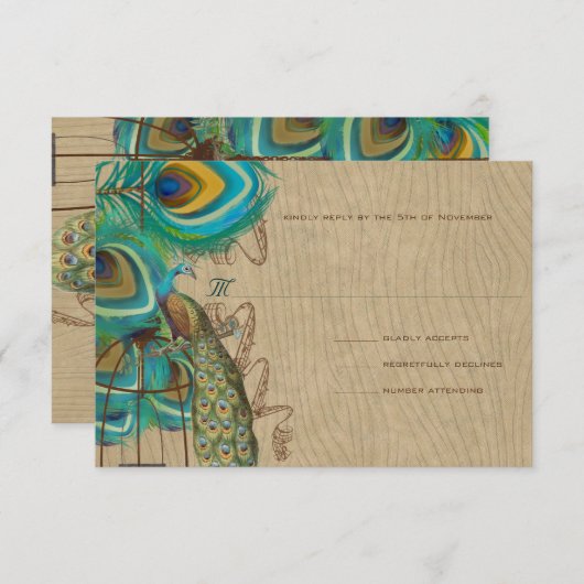 Musical Peacock Bird Cage Feather Wedidng RSVP (Voorkant / Achterkant)