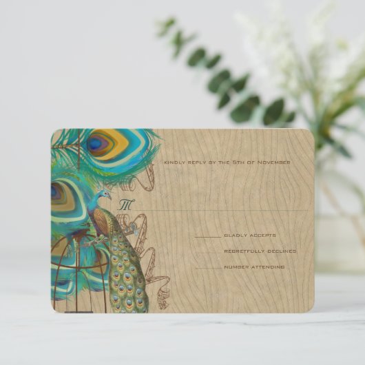 Musical Peacock Bird Cage Feather Wedidng RSVP (Staand voorkant)