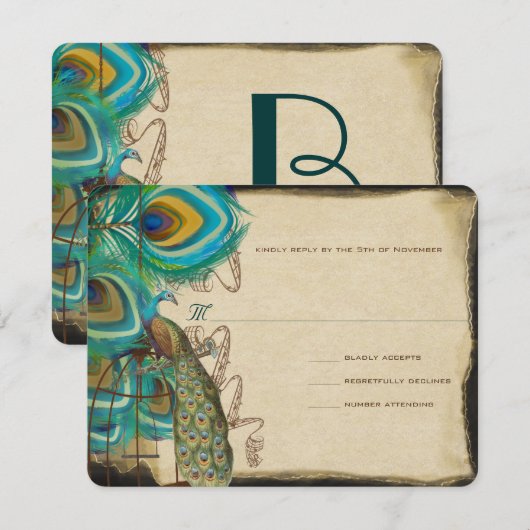 Musical Peacock Bird Cage Feather Wedidng RSVP (Voorkant / Achterkant)