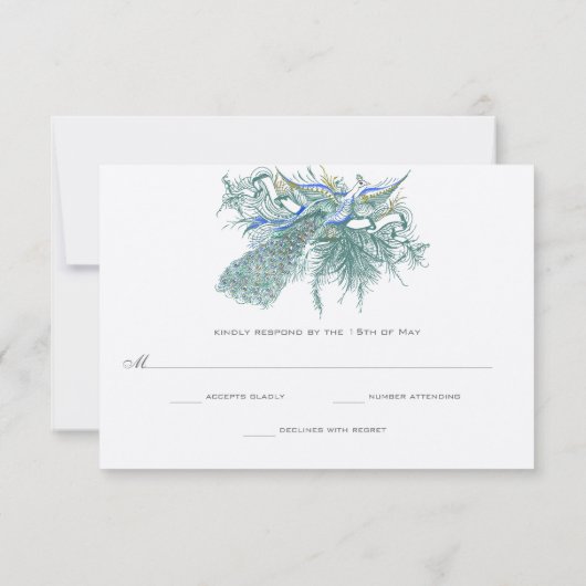 Musical  Peacock Bird Weduwreactiekaart RSVP Kaartje (Achterkant)