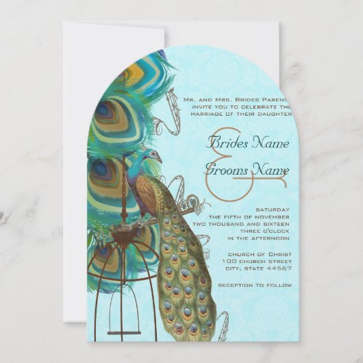 Musical Peacock Birdcage Feather Wedding Kaart (Voorkant)