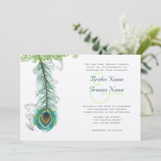 Musical Peacock Feather Dark Wedidng Invitation Kaart (Staand voorkant)