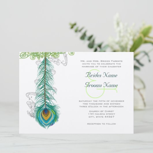 Musical Peacock Feather Wedidng Invitation Kaart (Staand voorkant)