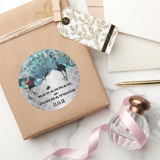 Musical Peacock Silver Moroccan Aqua Weddings Ronde Sticker (Geschenken)