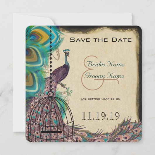 Musical Peacock Vogelkooi Aubergine Save the Date (Voorkant)