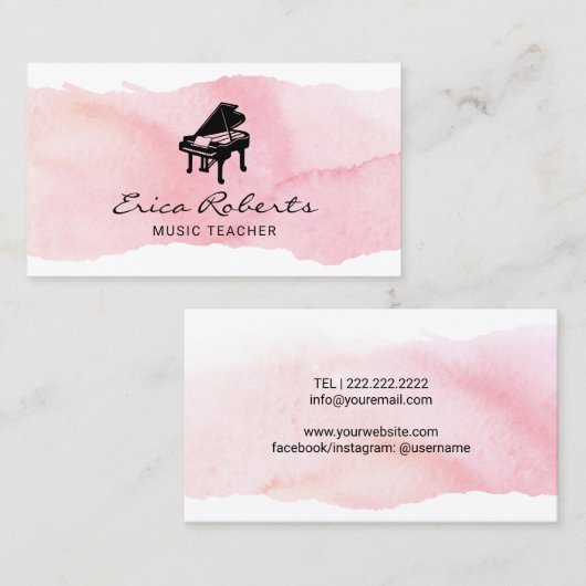 Musical Piano Logo Blush Pink Waterverf Music Visitekaartje (Voorkant / Achterkant)