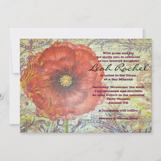 MUSICAL RED POPPY Bat Mitzvah Uitnodiging (Voorkant)