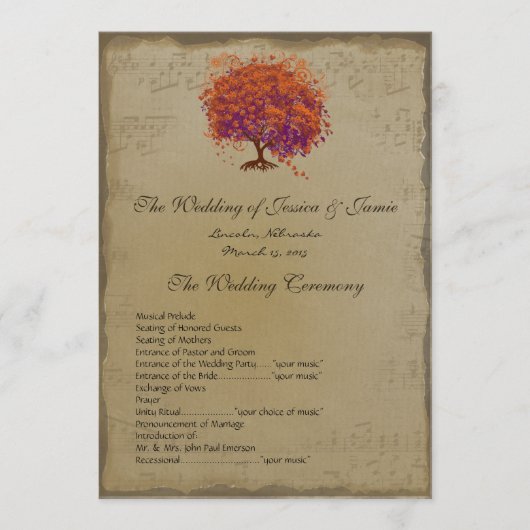 Musical Rustic Forest Red Heart Tree Wedding Programmakaart (Voorkant)