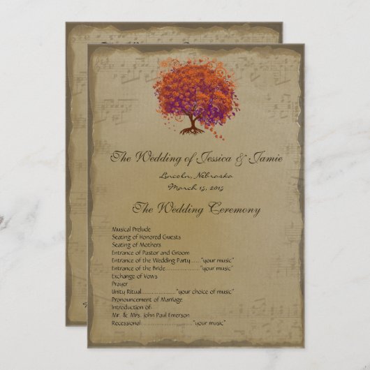 Musical Rustic Forest Red Heart Tree Wedding Programmakaart (Voorkant / Achterkant)