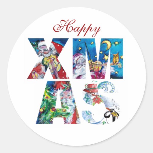 MUSICAL SANTA AND SNOWMAN XMAS NACHT PARTIJ RONDE STICKER (Voorkant)