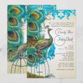 Musical Silver Peacock Bird Cage Feather Invites Kaart (Voorkant / Achterkant)