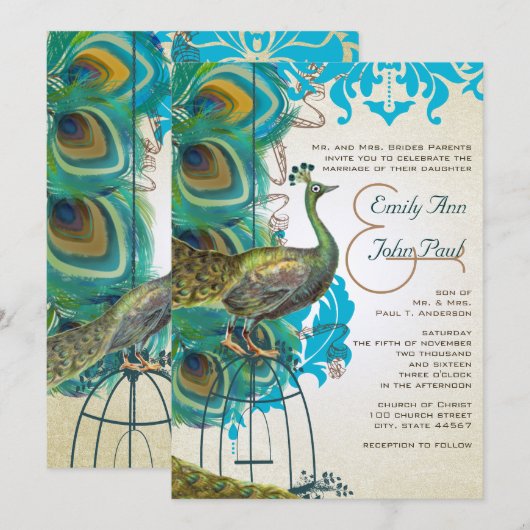 Musical Silver Peacock Bird Cage Feather Invites Kaart (Voorkant / Achterkant)