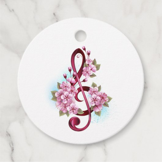 Musical treble clef notes with Sakura flowers Bedankjes Labels (Voorkant)