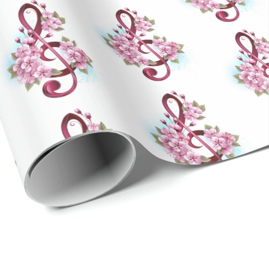Musical treble clef notes with Sakura flowers Cadeaupapier (Rol Hoek)