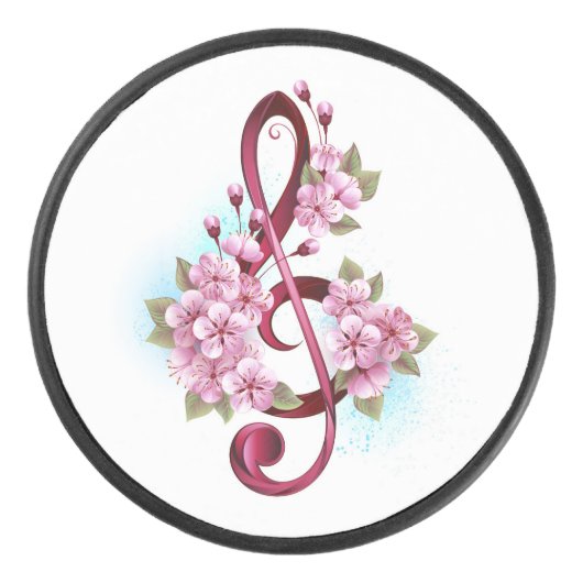 Musical treble clef notes with Sakura flowers Hockey Puck (Voorkant)
