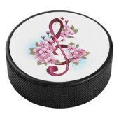 Musical treble clef notes with Sakura flowers Hockey Puck (3/4)