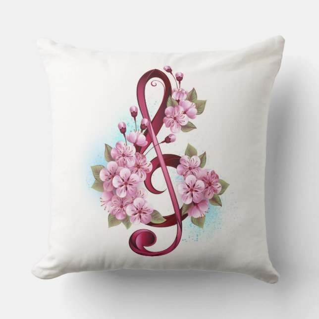 Musical treble clef notes with Sakura flowers Kussen (Voorkant)