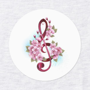 Musical treble clef notes with Sakura flowers Labels