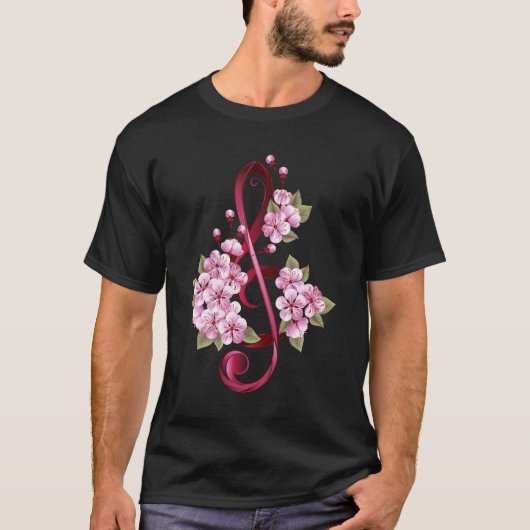 Musical treble clef notes with Sakura flowers T-shirt (Voorkant)