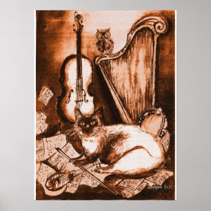 MUSICALE KAT EN UIL ,Bruin en Wit Poster